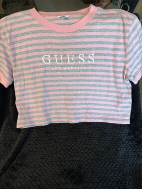 GUESS Pink and Gray Striped Crop Tee